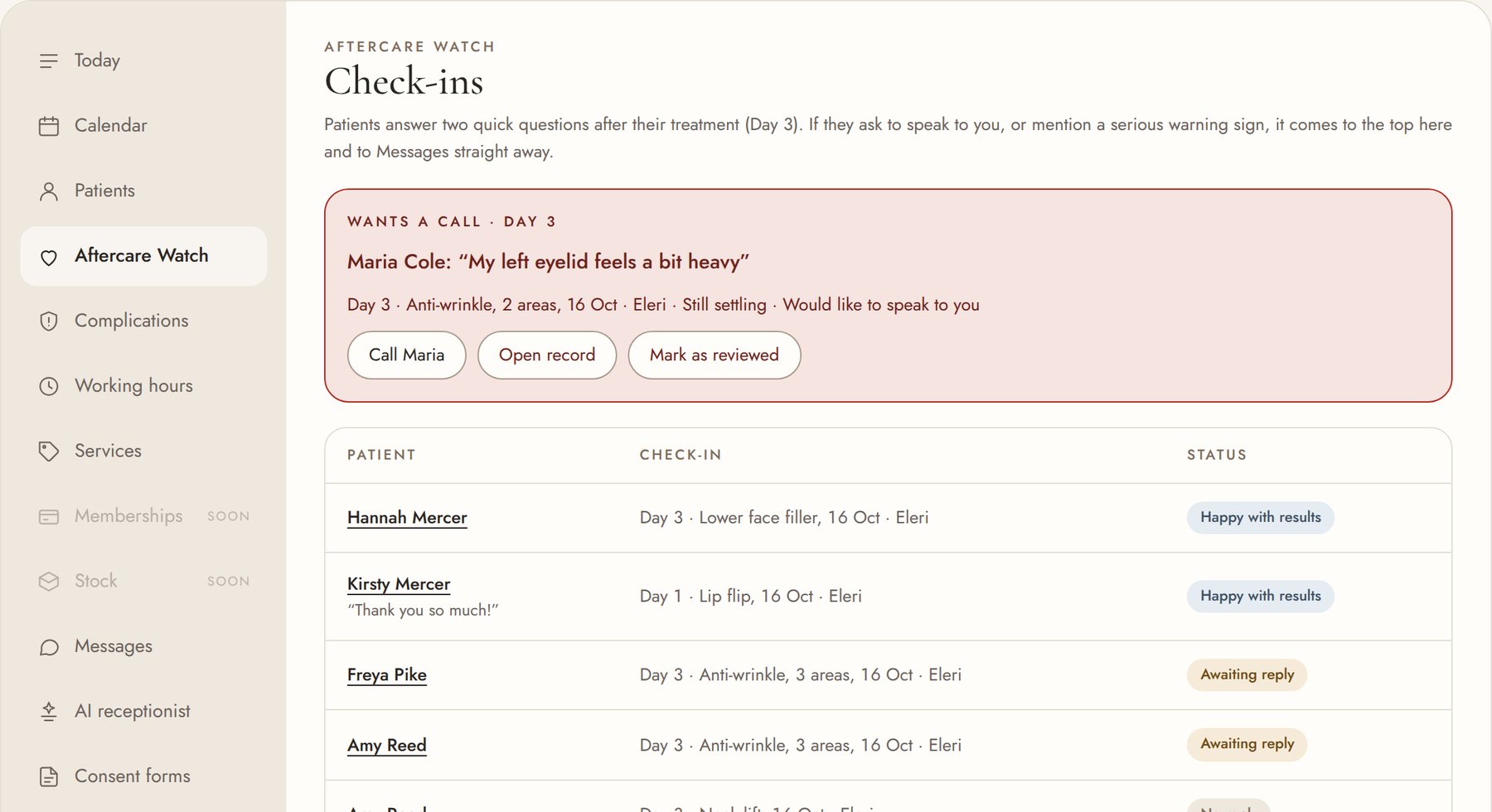 Aftercare Watch: check-ins with a patient who wants a call at the top