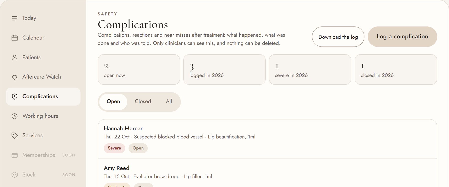 The complications log