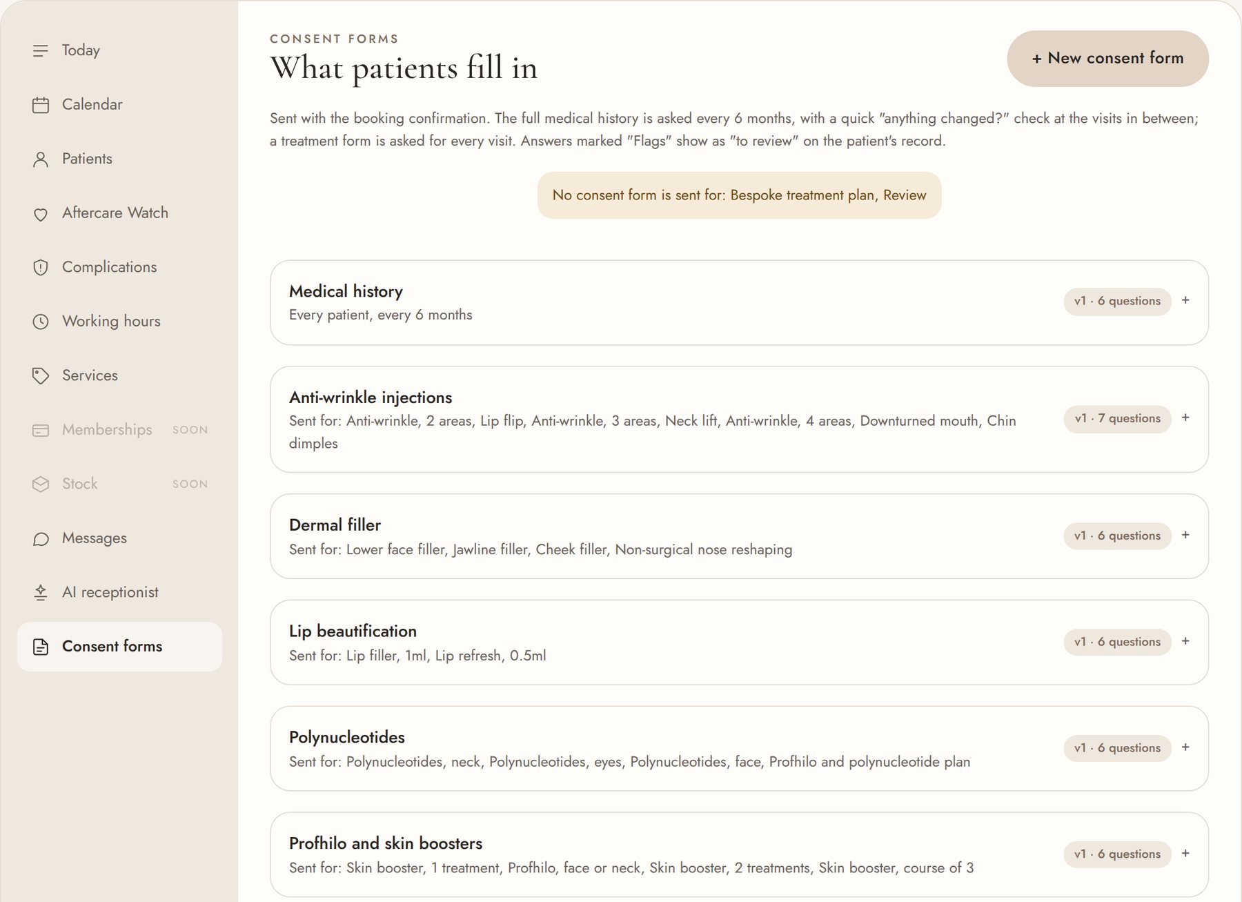The consent forms screen: medical history and a form for each treatment