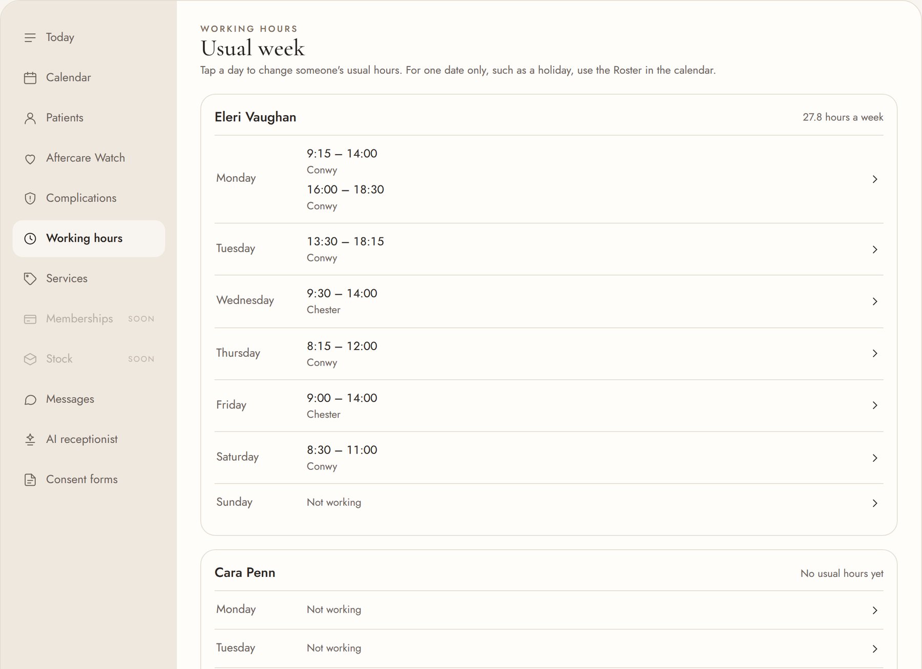 Working hours: each person's usual week
