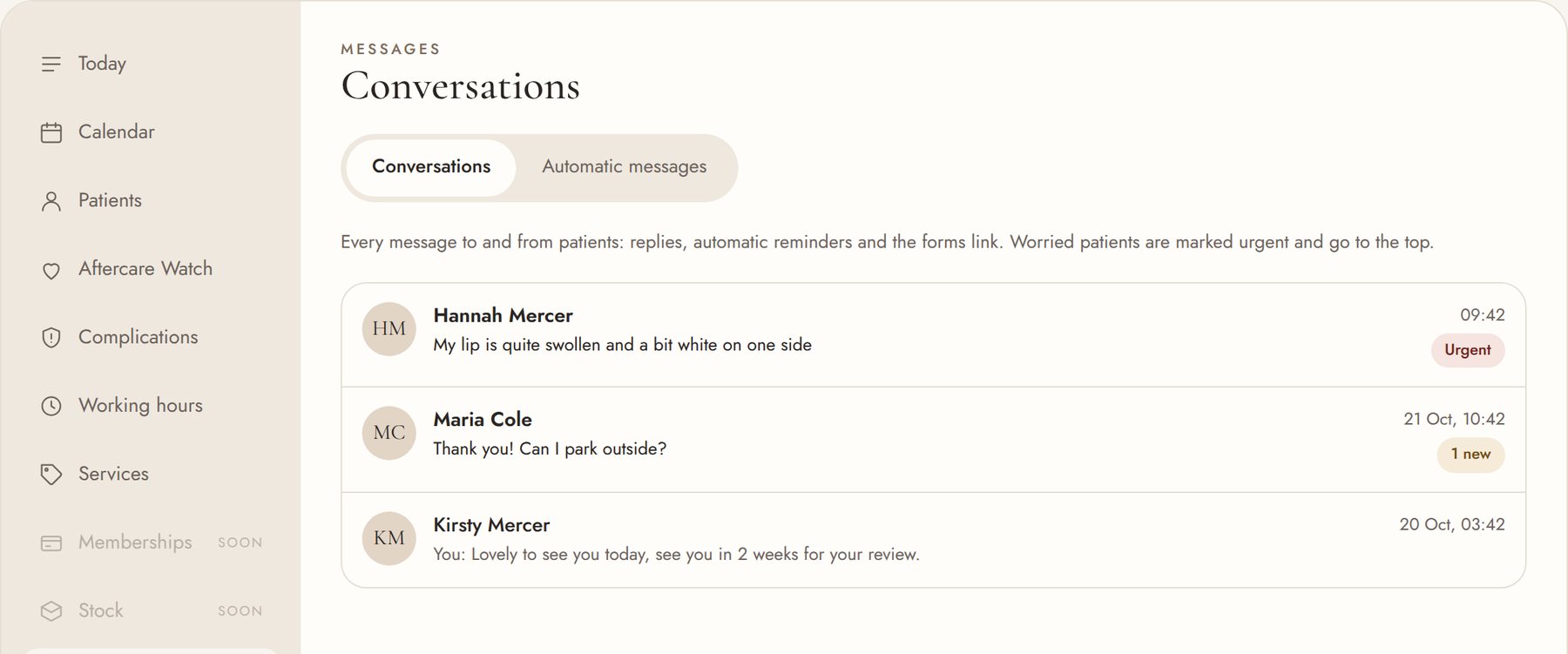Messages: conversations with an urgent message at the top