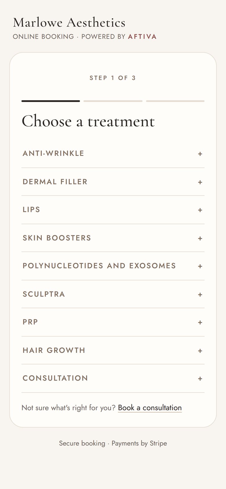 The treatment menu on the booking page