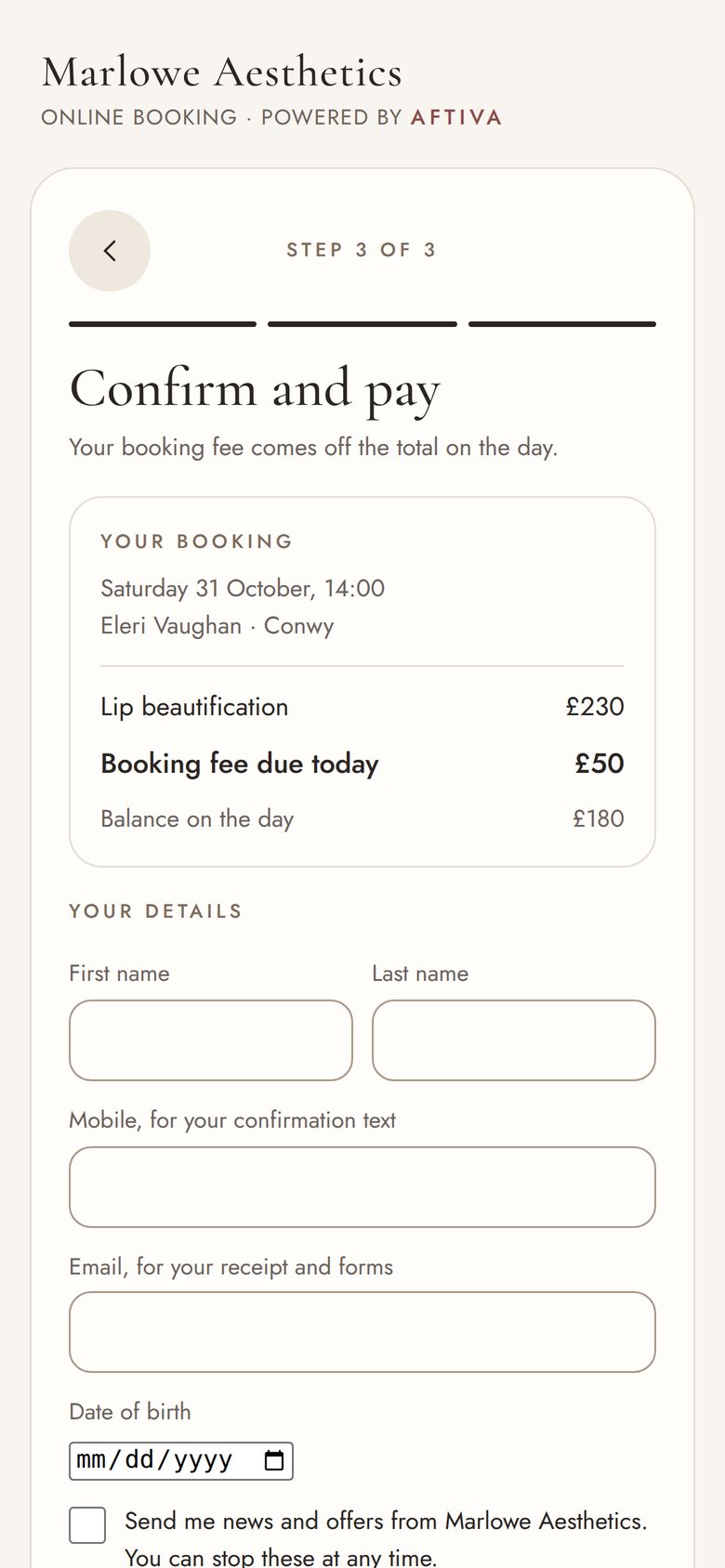 Confirming the booking and paying the booking fee