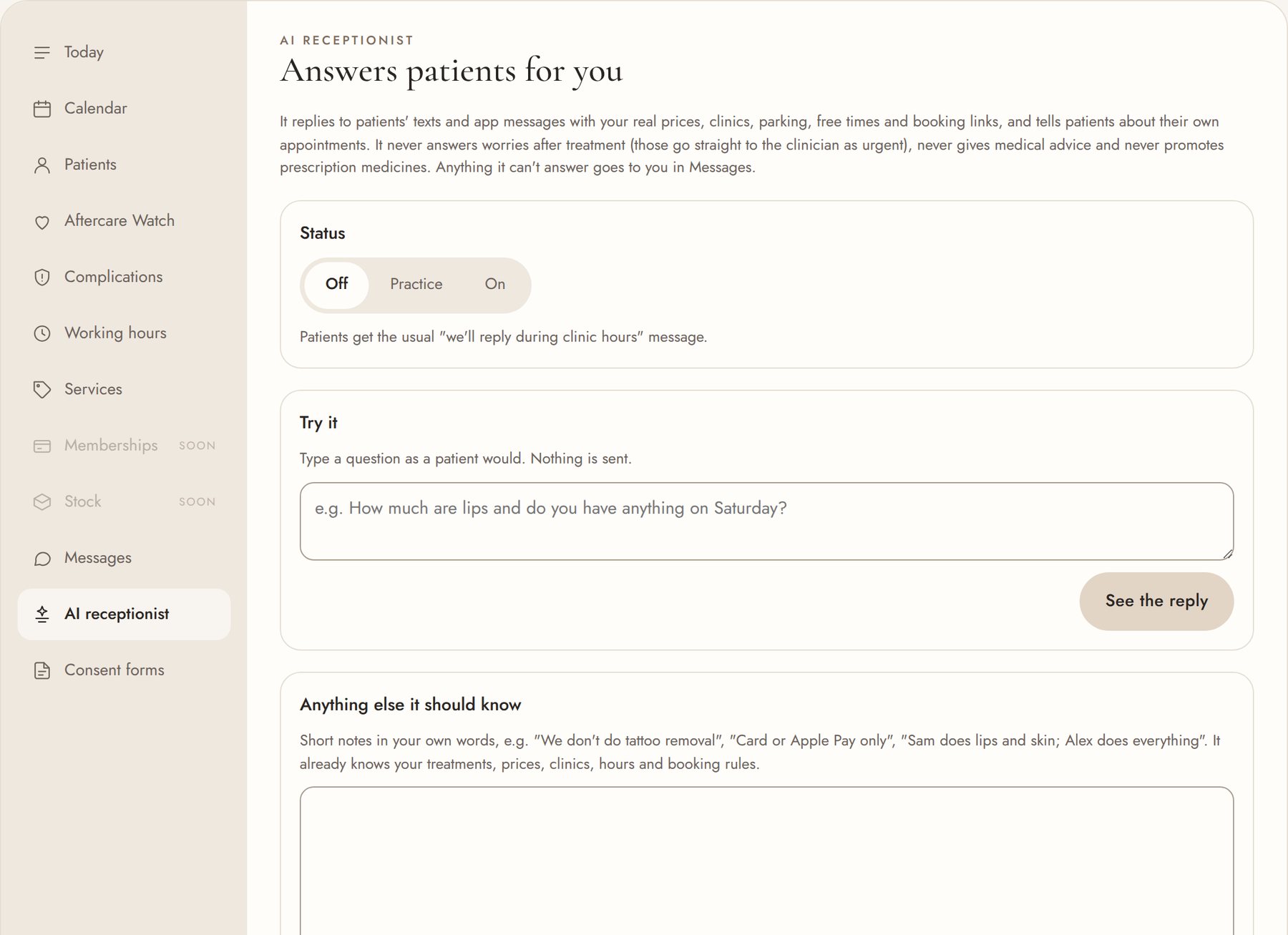 The AI receptionist settings: off, practice or on